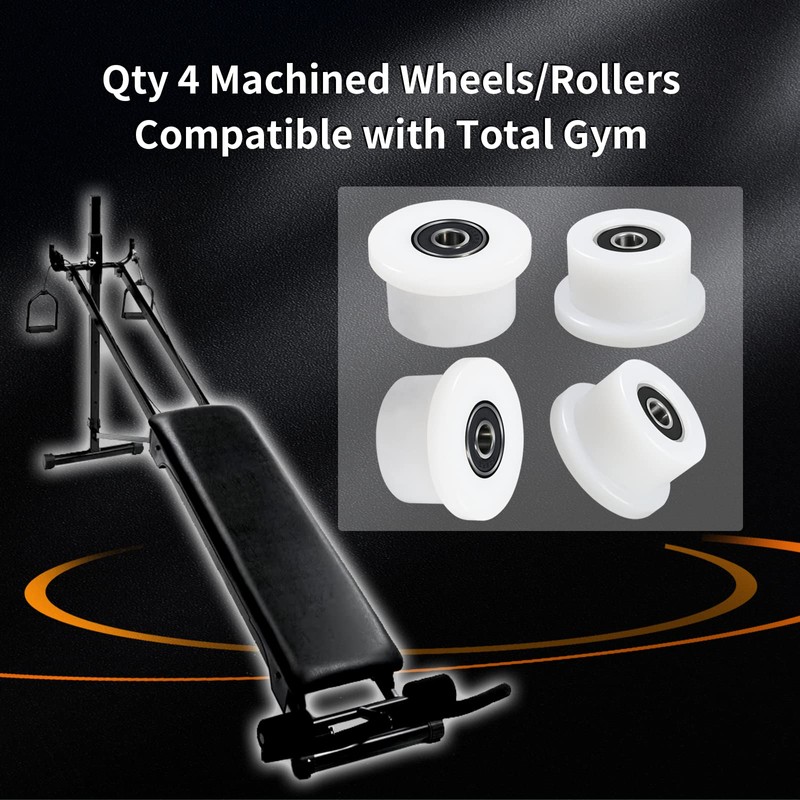 Qty.4 Machined Wheels/Rollers Compatible Total Gym Replacement, Fits Models 1000,1100,1400,1500,1600,1700,1800,1900,Achiever,Force,Gold,Max,Platinum,Platinum