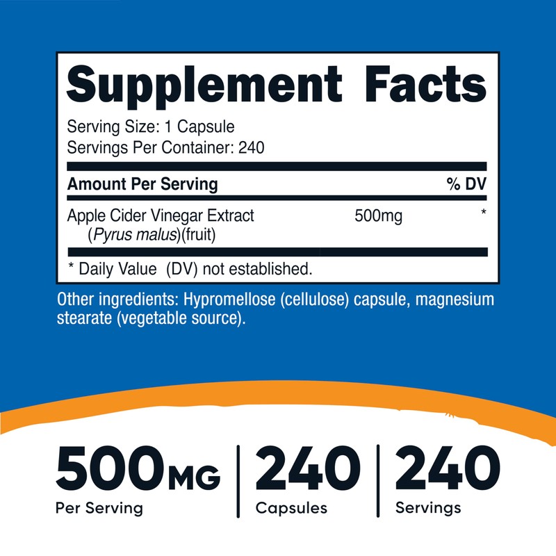 Nutricost Apple Cider Vinegar Capsules 500mg, 240 Vegetarian Capsules -