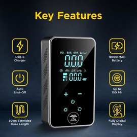 CIPI-1 Portable Tyre Inflator, Car tyre pump, Bike pump, LED touch-display, All-in-one air compressor, Pressure Detection, Auto shutoff, Rapid inflation (150PSI), For car/bike/ball/paddle board/airbed