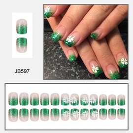Green French Tip Press on Nails Valentines Short Square Fake Nails with Floral Design Clover False Nails Bling Valentines Nails Cute Acrylic Glue on Nails Winter Spring Stick on Nails for Women 24Pcs