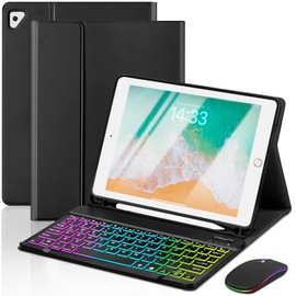 EAMPANG Case with Keyboard and Mouse for iPad 6th/5th Generation Air 1 2 Pro 9.7inch,7 Color Rainbow Backlight Detachable USB-C Keyboard Magnetic Case with Pen Slot for iPad 2018 2017 Black+Mouse