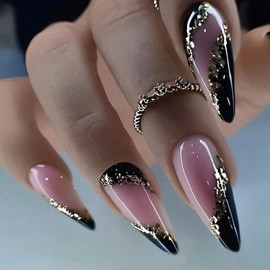 MISUD Medium Almond Press on Nails Stiletto Fake Nails Glossy Glue on Nails Black French Tip Artificial Nails Nude Pink Acrylic Nails Bling Gold Glitter Design Stick on False Nails 24 pcs
