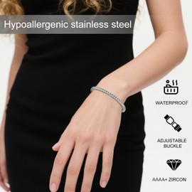 Tennis Bracelet for Women and Men Gold Plated AAAA+ Round 3mm Cubic Zirconia CZ Dainty Classic Adjustable Stainless Steel Bracelets Festival Wedding Jewelry Gift (Steel)