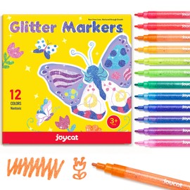 JoyCat 3mm Medium Tip Glitter Markers - 12 Vibrant Colors (Red to Pink) | 3ml High-Capacity Ink | Multi-Surface Paint Pens for Rock, Wood, Fabric, Glass | Gift for Kids DIY Crafts