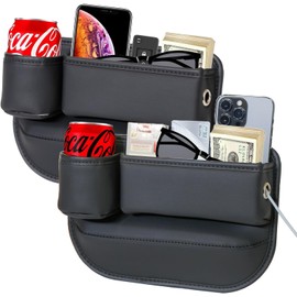 2 Pack Car Leather Cup Holder Gap Bag - Car Seat Gap Filler & Organizer, Adjustable Seat Gap Storage Box for Phones, Glasses, Keys, Cards (Black Driver's + Passenger)