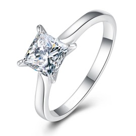 AVECON 1.5 Carat Princess Cut Cubic Zirconia Ring Silver Solitaire Engagement Wedding CZ Rings for Women Promise Jewelry Gift for Girlfriend Valentine's Day Christmas Size 10