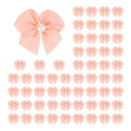 Meseey 60pcs Mini Pastel Peach Satin Ribbon Bows with Pearl 1 Inch Colored Craft Bows Flowers Appliques DIY Craft for Sewing,Scrapbooking,Wedding,Gift,Christmas Decoration (Peach)