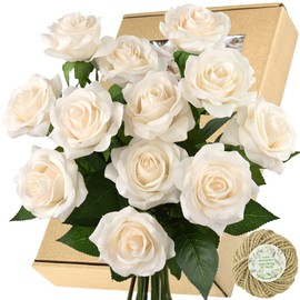 FiveSeasonStuff Light Champagne Artificial Roses Real Touch Silk Flowers with 12 Stems Wedding Bridal Bouquet Home Décor