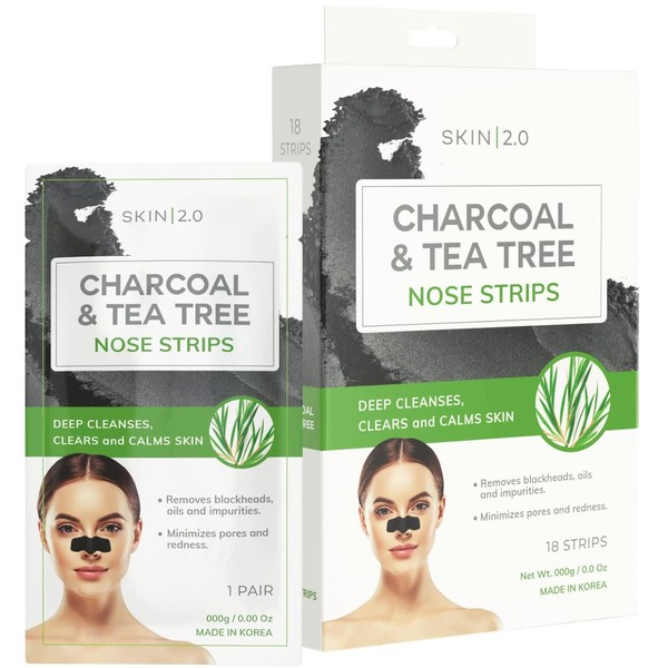 Skin 2.0 Tea Tree and Charcoal Nose Strips - Unclogs & Minimizes Pores, Removes Oil & Dirt, Black Head Remover Pore Strips - Cruelty Free Korean Skincare For All Skin Types - 18 Strips