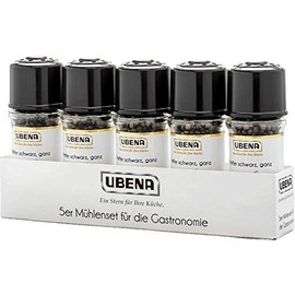 UBENA Spices - Set of 5 Black Pepper Whole | Ideal for Seasoning at the Table | 225 g in the Mill