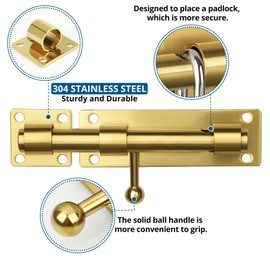 Sayayo Slide Gate Latch Bolt Safety Door Lock with Padlock Hole 150MM Length, 16MM Dia Bar, Heavy Duty Solid SUS304 Stainless Steel Golden Finished(Not Include Padlock), EMS8000-G