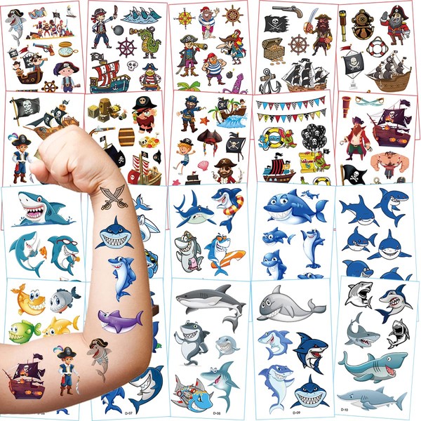 Flyftrey Children's Tattoo 20 Sheets Shark and Pirate Theme Waterproof Children's Tattoos, Temporary Tattoos Stickers Children's Birthday Gift Bags Party Bag Fun Play Festival