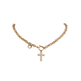 Iaceble Boho White Cross Choker Necklace Faith Cross Pendant Necklace Toggle T Bar Chain Necklace Gold Disc Coin Drop Necklace Jewelry for Women