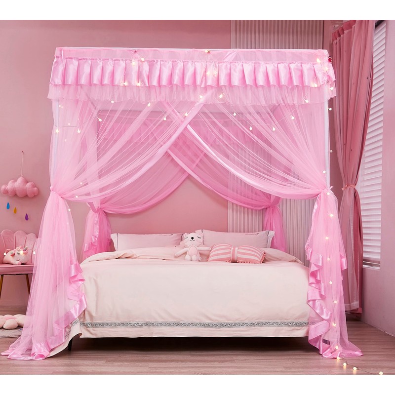 Rosa princesa 4 esquinas Post cama cortina dosel mosquitero, Rosado, Queen