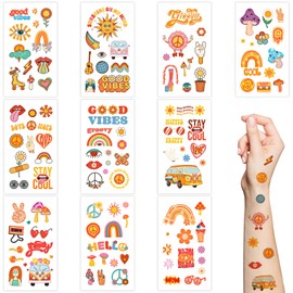 Hippie Temporary Tattoos,10 Sheets Peace and Love Daisy Flower Power Tattoo Stickers,Groovy Rainbow Face Tattoos for Adults and Kids Hippie Costume Birthday Party Supplies Accessories