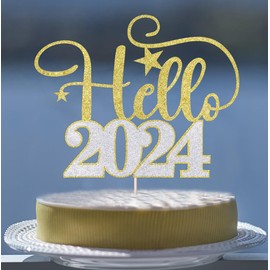Bejotaa Hello 2024 - Decoración de fiesta de Año Nuevo, decoración para tartas, Feliz Año Nuevo, 2024, suministros para fiestas, Feliz Año Nuevo, decoración de fiesta de Año Nuevo (oro y plata)