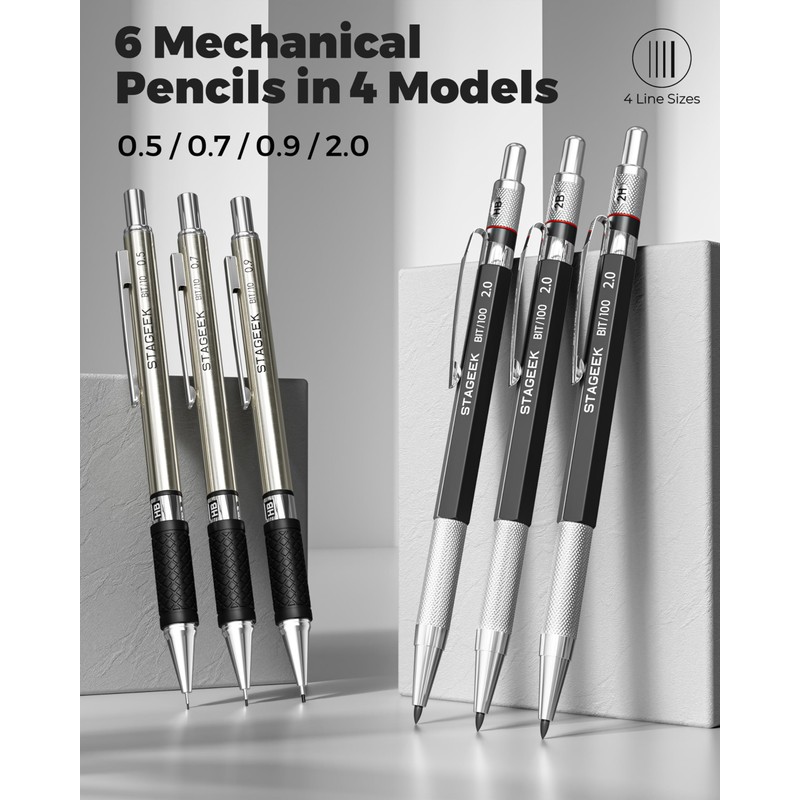 STAGEEK 6pcs Mechanical Pencil Set 0.5,0.7,0.9,2.0MM