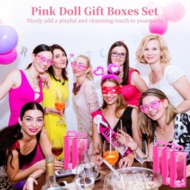 YOFAPA 12 Set Pink Doll Gift Boxes, Including 12 Pink Goodie Boxes & 12 Heart Sunglasses, Bachelorette Party Favors, Party Candy Box for Birthday