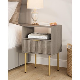 Masupu Night Stand,Mid-Century Modern Bedside Table with Storage Drawer and Open Wood Shelf,Small Gold Frame Side Table for Bedroom,Living Room, Grey