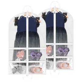 KEEGH Clear Garment Bags for Dance Costumes 40 inch Dance Garment Bags for Dancers Hanging Clothes for Closet Storage, with 4 Zipper Pockets for Dance Competitions, Ballet, Theatre, 2 Pack, White