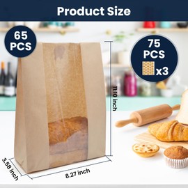 Yenmoz 65 Pack Large Kraft Paper Bread Bags with Transparent Window and Label Seal Sticker (13.78 * 8.27 * 3.58 Inch)