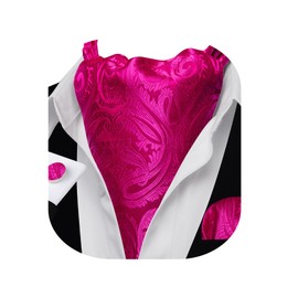 Barry.Wang Men Ascot Cravat Tie with Pocket Square Cufflinks Tie Set Paisley Jacquard Silk Woven Floral Necktie, Hot Pink Pitaya Paisley, One Size