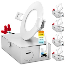 LUXRITE 3 Inch Ultra Thin LED Recessed Light with Junction Box, 8W, CCT Color Selectable 2700K | 3000K | 3500K | 4000K | 5000K, Dimmable Wafer Lights, 540 Lumens, ETL & Energy Star, IC Rated (4 Pack)