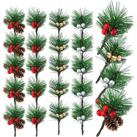 RXKFIGX 20 Pcs Artificial Pine Picks Christmas Pine Needles with Red Berries Pines Cones, Christmas Pines Needles Holly Berry Stems Decor for Craft,Garden,Xmas Flower Arrangements Wreaths Decor