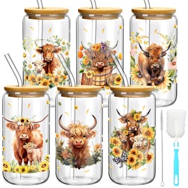 Skylety 6 Set Highland Cow Glass Cups with Straws and Lids 16 oz Can Shaped Drinking Cups Iced Coffee Glasses Sunflower Cow Tumbler Cup for Women Coworker Friend Farmer Cow Lover Gifts, 7 Brushes