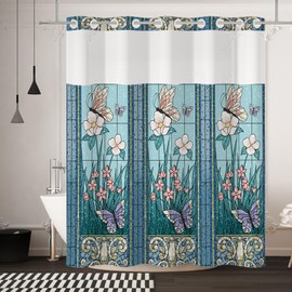 Yanutan No Hook Shower Curtain,Blue Butterfly Garden Double-Layered Shower Curtain with Snap-in Liner and Weights,Fabric Bath Curtain with See Through Mesh, 71x74in