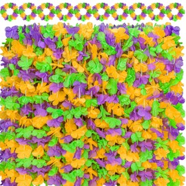 52Pcs Mardi Gras Leis Hawaiian Throws Decorations - Flower Necklaces Headbands Bulk for Parade Party Favors Supplies