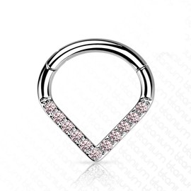 GBJUK Titanium Hinged Segment Septum Nose Ear Hoop Rings Chevron Paved with Pink CZ Gems 1.2mm x 8mm
