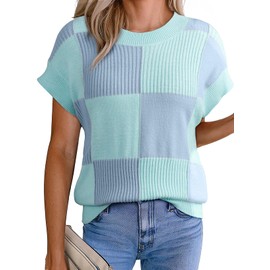 EVALESS Sweater Vest Women Round Neck Short Sleeve Color Block Checkered Knit Tops Lightweight Sweaters Womens Work Casual Teacher Trendy Clothes 2025 Fall Outfits Blue Large