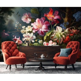 Toolhom Colorful Floral Wallpaper Illuminated by Hazy Moonlight, Natural Landscape Flower Mural, Decorative Background Wall Mural（Non-self-Adhesive）