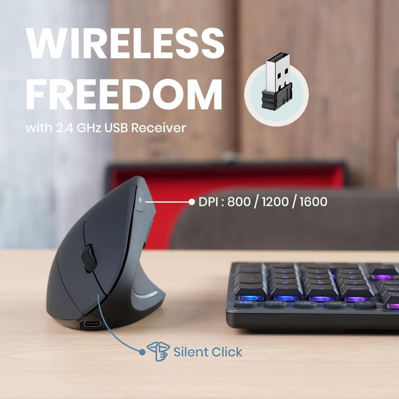 Perixx PERIMICE-713R Wireless Rechargeable Vertical Mouse - Duo Wired and