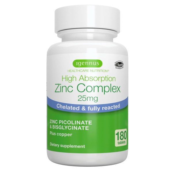 Igennus Chelated Zinc 25mg with Copper, Picolinate & Bisglycinate, Clean