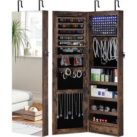GISSAR Full Length Mirror Jewelry Cabinet, 6 LEDs Jewelry Armoire Wall Mounted Over The Door Hanging, Jewelry Organizer Storage with Lights Lockable, Vintage Brown, 14.6" x 47.2"