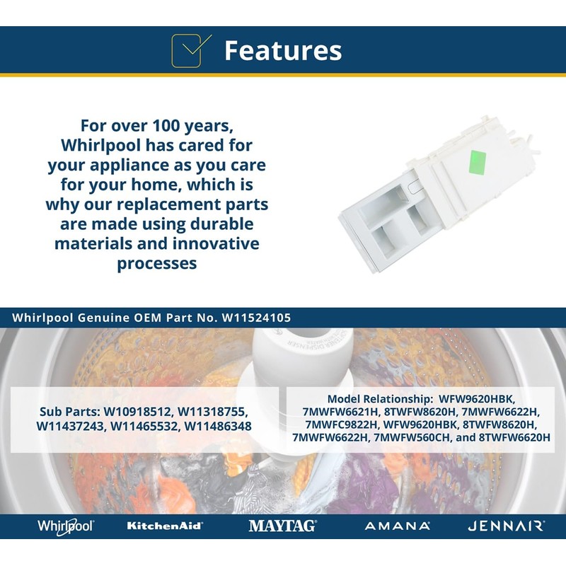 Whirlpool W11524105 OEM Washer Detergent Dispenser