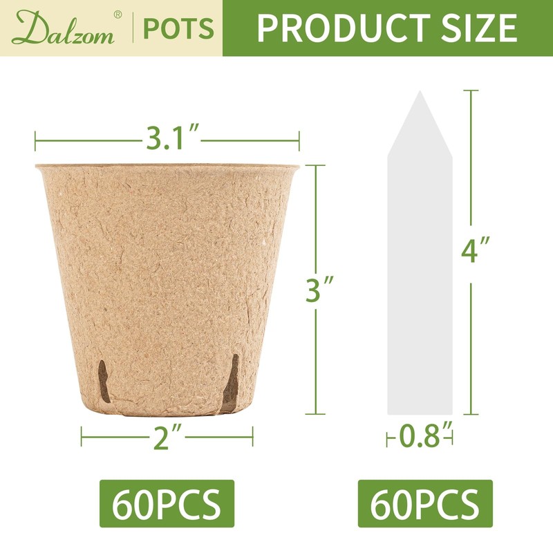 Dalzom® 60Pcs 3.1” Peat Pots with 60Pcs Plant Labels, Biodegradable