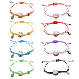 Honbay 8PCS Cute Lucky Cat Bracelets Adjustable Maneki Neko Braided Bracelets with Ceramic Beads Kawaii Jewelry for Men Women Teen or Birthday Gift (8 Color)