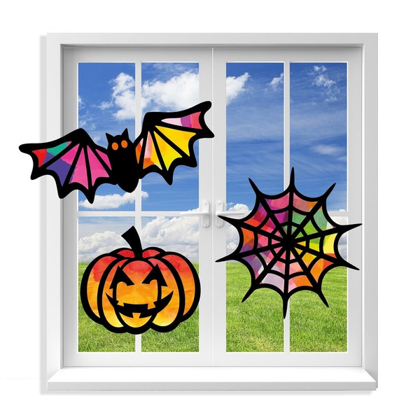 VHALE Suncatchers Craft 3 Sets (9 Cutouts) w Tissue Papers Stained Glass Effect Paper Sun Catcher Kit, Window Art, Classroom Crafts, Creative Art Projects, Kids Party Favors (Halloween)