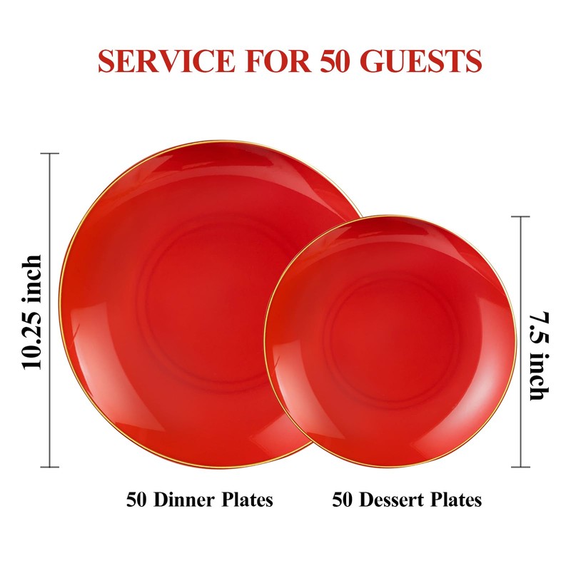 100PCS Red Gold Plastic Plates for 50 Guests, Hefty Disposable