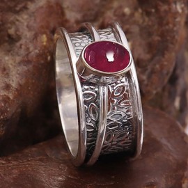 JEWELSTREZORO Cabochon-Granat Edelstein-für Herren und Damen,Geschenkartikel, 925er-Sterling Silber Band Ring Schmuck TSR328BS_18 (64 (20.4))