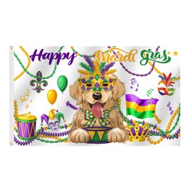 SENSEVEN Golden Retriever Mardi Gras Flags for Outside 3x5 Ft, Puppy Carnival Yard Flag, Fleur de Lis Mask Bead New Orleans Holiday Flag, Spring Dog Banner for Porch Decor, Mardi Gras Party Supplies