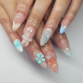 24Pcs Summer Press on Nails Medium Almond Fake Nails with Butterfly Pearl Designs 3D Starfish Stick on Nails Beach Waves False Nails Cute Flower Acrylic Nails Blue French Tip Glue on Nails for Women