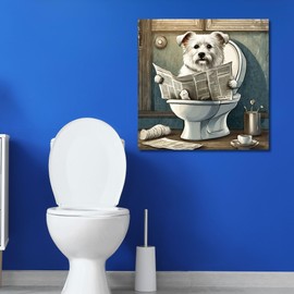 Square Canvas Bathroom Wall Painting Animals Reading Newspaper Theme Bathroom Wall Painting Wall Art Decor Wall Decoration Home Gift (White Terrier Dog, 13.3x13.3 inches-34x34cm)