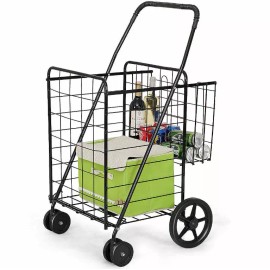 Costway Folding Shopping Cart Jumbo Iron Basket Grocery Laundry Travel w/ Swivel Wheels