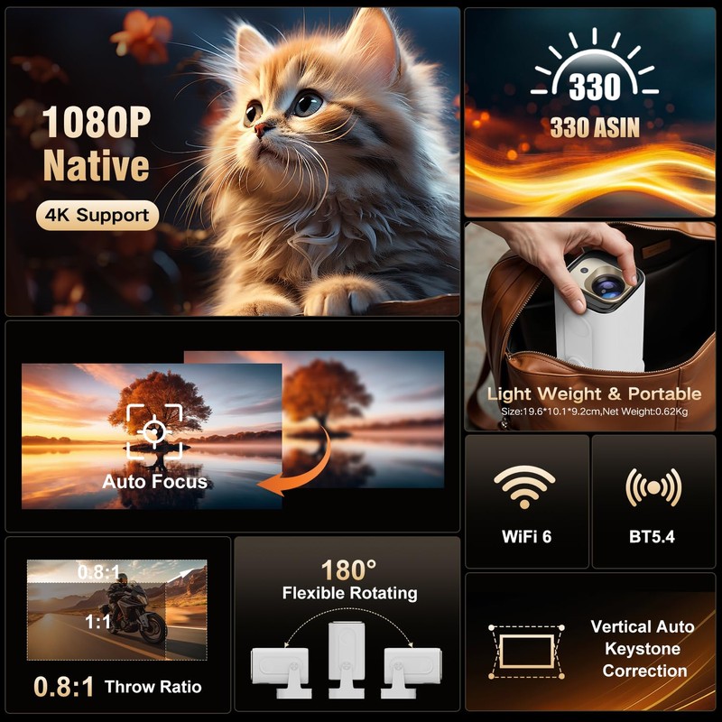 HY260 Pro Auto Focus Mini Projector, 330 ANSI, Native 1080P