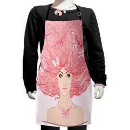 Ambesonne Pink Apron, Sketchy Hand Drawn Style Girl with Butterflies in Her Long Pink Hair Illustration, Small Apron Bib with Adjustable Ties for Baking Painting, Small Size, Coral and White