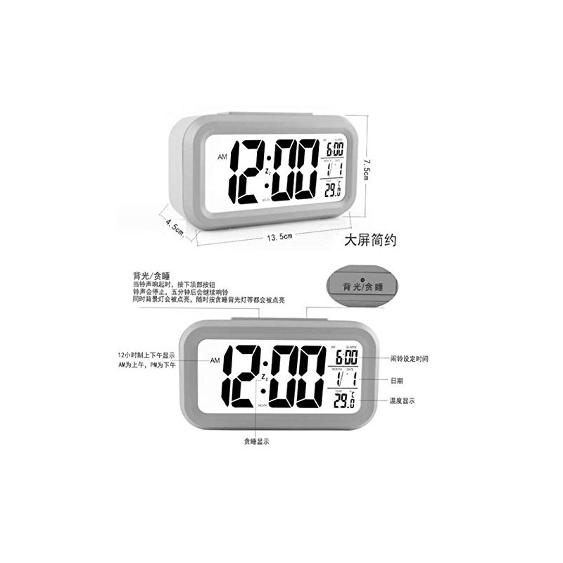 Alarm Clock, LED Digital Alarm, Clock, Calendar, Temperature & Humidity